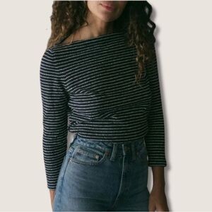 Dôen (S) “Arlana” Knit Blue & White Striped Top - Bohemian, Quiet Luxury T Shirt